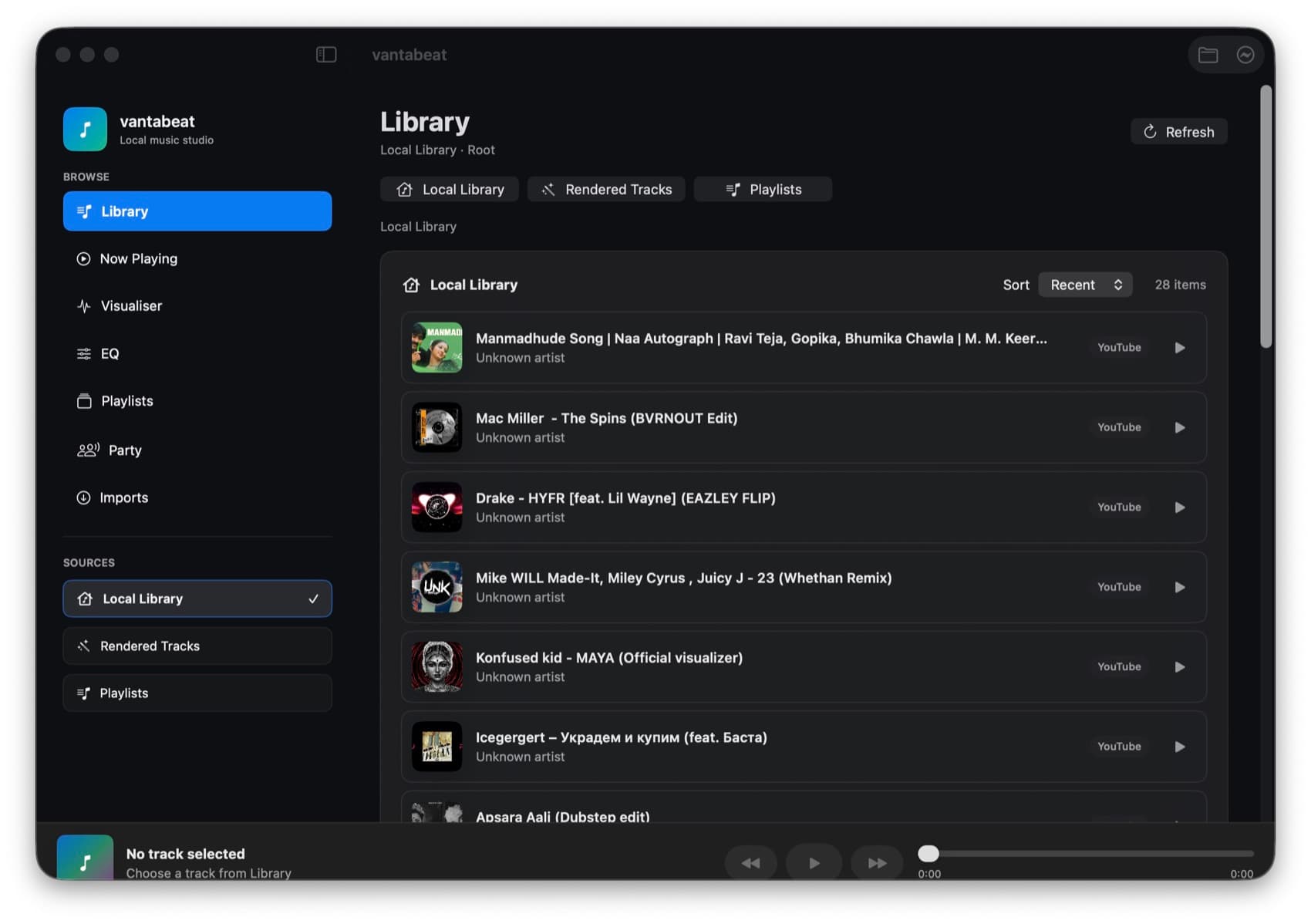 MediaPlayer library screen showing local tracks and playback controls.